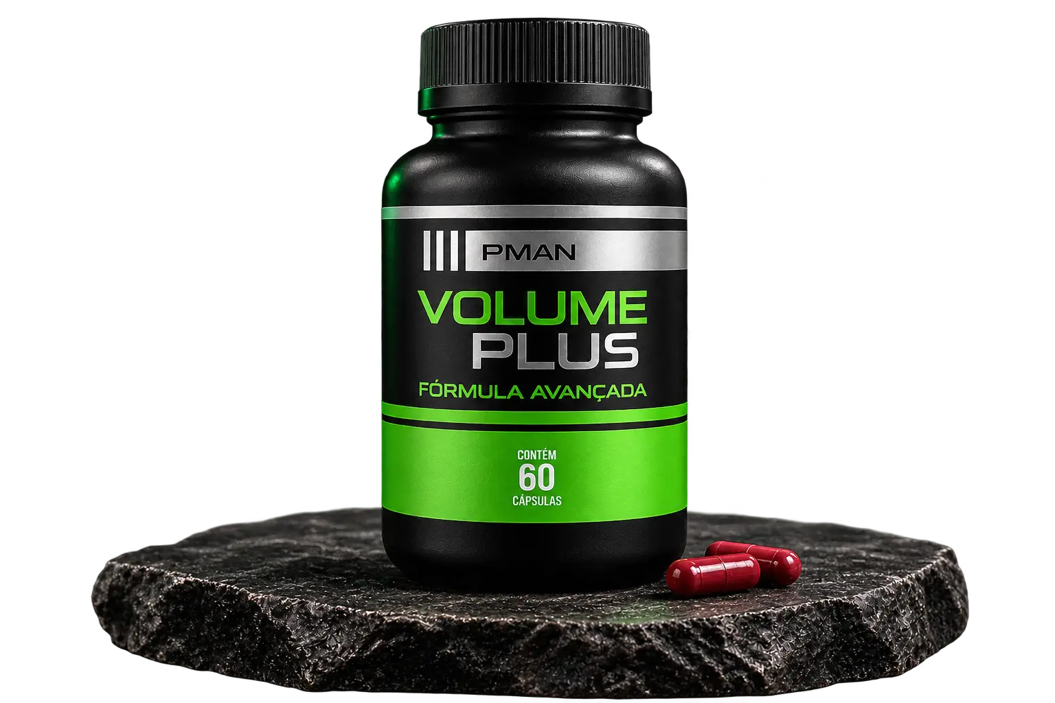 Frasco Volume Plus sobre pedra com cápsulas